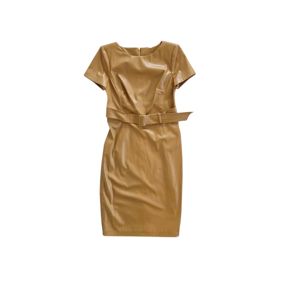 Calvin Klein Tan Faux Leather Belted Knee Length Sheath Dress Short Sleeve Sz 6 - Picture 2 of 7
